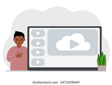 A little boy looks at the huge screen of a TV device, tablet or computer. The concept of a children's show or educational channel. Vector flat illustration