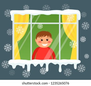 A little boy looks out the window and rejoices at the first snow. Snowfall from the street side. Flat vector illustration isolated
