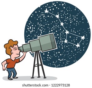 A little boy looks through a telescope at the stars .