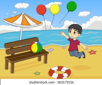 little boy lost balloons at the beach cartoon vector illustration