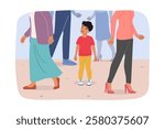 Little boy is lost on street and is crying, standing among passers-by walking in different directions. Homeless child lost due to carelessness of parents, needs help of caring people