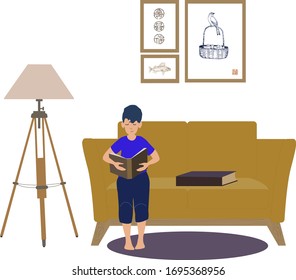 Little boy loves to read, self education at home, education, literature and learning vector illustration.