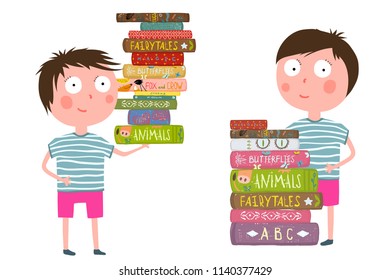 Little Boy Loves Reading Books. Cute boy kid with books childish clip art for design. Vector cartoon.