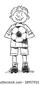 Little boy loves soccer. Hand drawn black and white  illustration of a boy who hold the soccer ball.