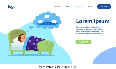 Little boy lying in bed and counting sheep. Dream, kid, sleeping flat vector illustration. Lifestyle and childhood concept for banner, website design or landing web page