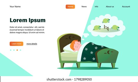 Niñito acostado en la cama contando ovejas. Ilustración vectorial plana de sueño, niño. Estilo de vida y concepto de infancia para banner, diseño de sitios web o página web de aterrizaje