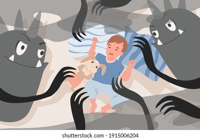 Little boy lying in bed at night and has nightmare with creepy black monsters vector flat illustration. Baby boy has a bad dream with terrifying ghosts. Boy suffer from sleeping disorder, nightmare.