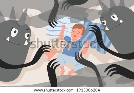 Little boy lying in bed at night and has nightmare with creepy black monsters vector flat illustration. Baby boy has a bad dream with terrifying ghosts. Boy suffer from sleeping disorder, nightmare.