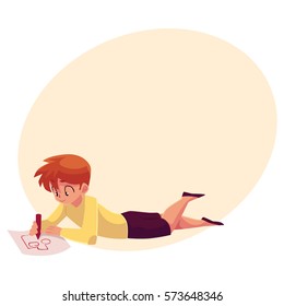Little boy lying on the floor and drawing car, truck with a pencil, cartoon vector on background with place for text. Teenage boy drawing car with a red pencil lying on the floor and enjoying process