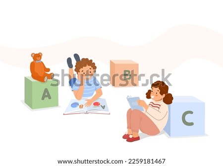 Little boy is lying on floor reading  book. Little Girl sits, reads fairy tale to teddy bear aloud. Concept of education, literacy, learning to read. Children learn letters. Vector illustration.