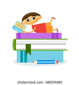 Little Boy Lying On Stack Of Books Reading Cute Kid Flat Vector Illustration