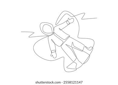 Little boy lying in the snow making butterfly wings. Children playing in the snow concept one-line drawing