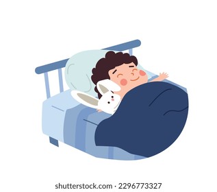 Little boy lying under blanket and sleeping with his teddy toy, flat cartoon vector illustration isolated on white background. Asleep baby for bedtime concept.