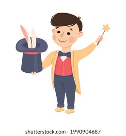 Little Boy with Magic Wand and Top Hat Representing Magician Profession Vector Illustration