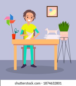 Little boy makes figurines from paper, origami, hobbies. Shape of bird, windmill stack. Man character making applique from paper. Creating art. Cutout hobby. Flat vector image, colorful background