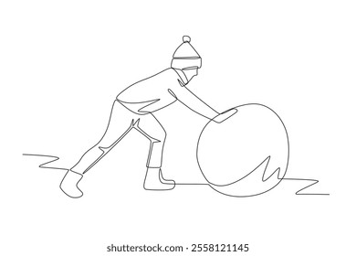 Little boy makes a giant snowball. Children playing in the snow concept one-line drawing