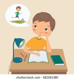 Little boy makes homework and dreams about football. Cartoon vector illustration