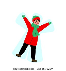 A little boy makes a snow angel. The child spends time at winter activities. Cartoon flat vector illustration