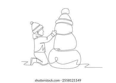 Little boy makes a snowman. Children playing in the snow concept one-line drawing