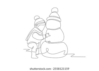 Little boy makes a snowman. Children playing in the snow concept one-line drawing