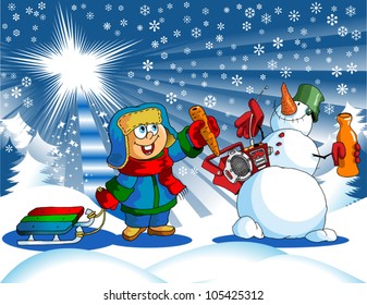 the little boy makes a snowman and eats a carrot;