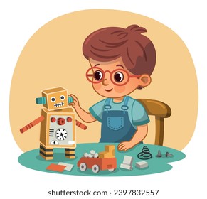 A little boy making a robot vector illustration.