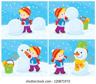 Little boy making a snowman