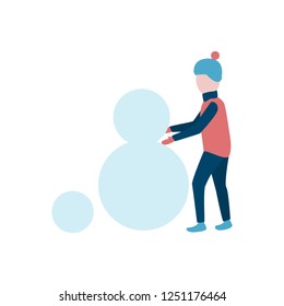 Little boy making snowman flat icon. Winter vacation, leisure, game. Winter activity concept. Vector can be used for topics like winter, childhood, season