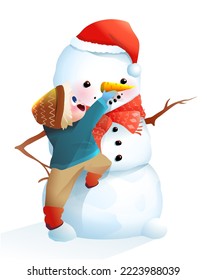 Little boy making a snowman with snow sticks and carrot. Child playing in winter with snow, holiday clipart for children, building a snowman. Seasonal activities. Vector isolated clip art graphics.