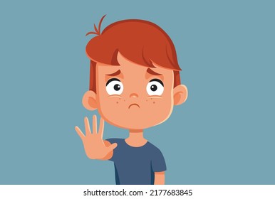 

Little Boy Making Stop Hand Gesture Vector Illustration. Victim child feeling bullied and intimidated making a defensive sign
