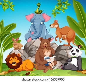 Little boy and many wild animals illustration
