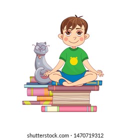 little boy meditates on a stack of books with a cat. Hand-drawn cartoon illustration. Isolated vector.
