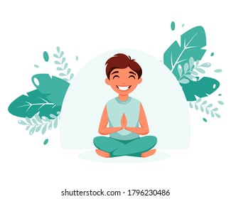 Little boy meditating. Concept illustration for children's healthy lifestyle, yoga, meditation, exercise. Vector illustration