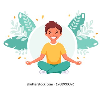 Little boy meditating in lotus pose. Gymnastic, meditation for children. Vector illustration