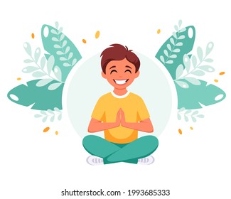 Little boy meditating in lotus pose. Gymnastic, meditation for children. Vector illustration