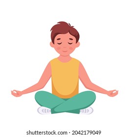 Little boy meditating in lotus pose. Gymnastic, meditation for children. Vector illustration