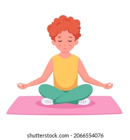 Little boy meditating in lotus pose. Yoga and meditation for kids. Vector illustration