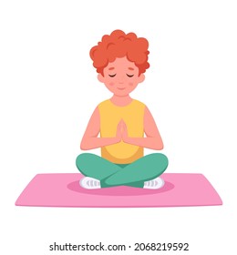 Little boy meditating in lotus pose. Yoga and meditation for kids. Vector illustration