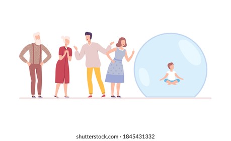 Little Boy Meditating in Transparent Protective Bubble, Parents and Grandparents Trying to Reach Him, Separation from Society Concept Flat Style Vector Illustration