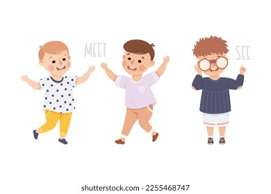 Little Boy Meeting and Seeing Something in Binoculars Demonstrating Vocabulary and Verb Studying Vector Set