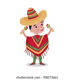 Little boy in Mexico country national clothes, kid wearing poncho and sombrero holding maracas colorful vector Illustration