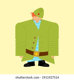 Little boy in military uniform. Young soldier. Illustration for February 23. Defenders of Fatherland Day. Russian military holiday