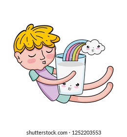 little boy with milk and rainbow kawaii character