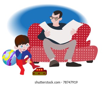 The little boy misses alone, while his father reads the  newspaper