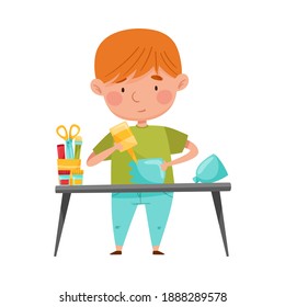 Little Boy Modeling from Disposable Plastic Bottle Sticking with Glue Vector Illustration
