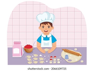 A little boy is molding a product out of raw dough. The process takes place in the kitchen, where the child learns to cook. Fun character in the style of a flat comic strip. Vector.