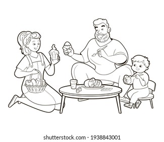 Little boy with mom and dad getting ready for Easter.Family colors Easter eggs and put Easter cake in a basket.Coloring book, Vector illustration in cartoon style, black and white line art