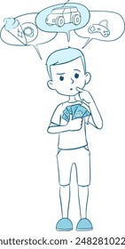 Little boy with money choosing purchase line illustration