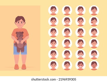 Little boy moods variety semi flat color character emotions set. Editable facial expressions. Children psychology science vector style illustration for motion graphic design and animation