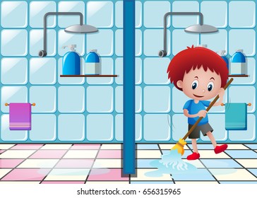 Little boy mopping the bathroom floor illustration